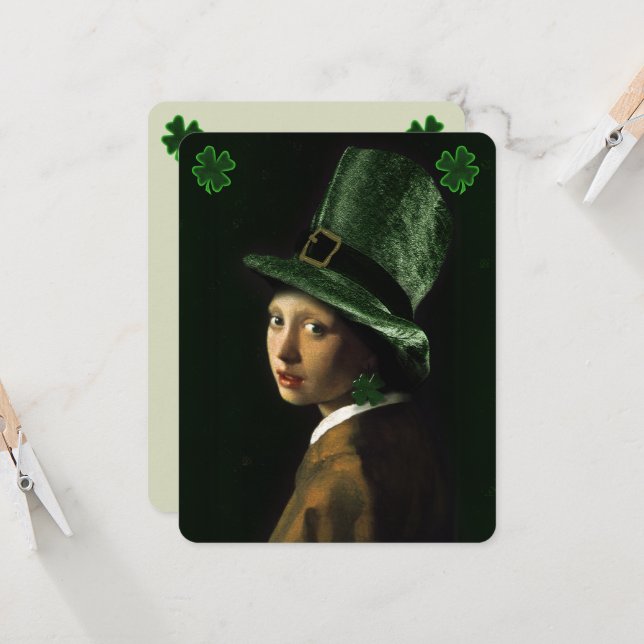 Vermeer Pearl Earring Clover St Patrick's Day Invitation (Front/Back In Situ)