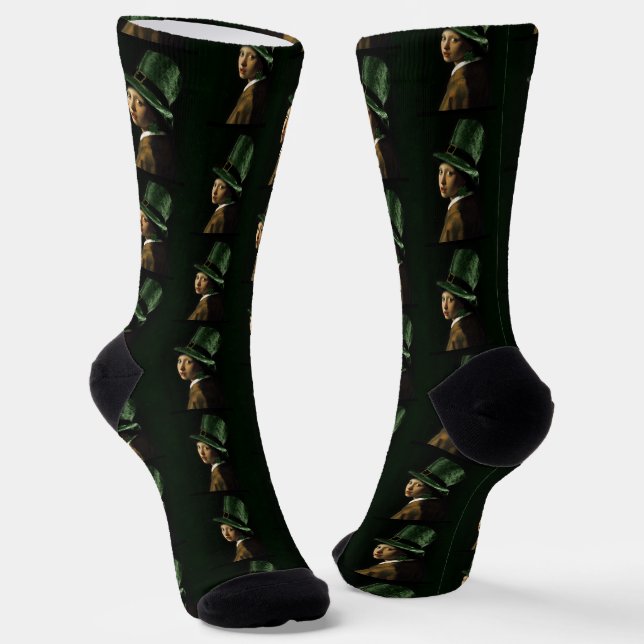 Vermeer Pearl Earring Clover St Patrick's Day Socks (Angled)