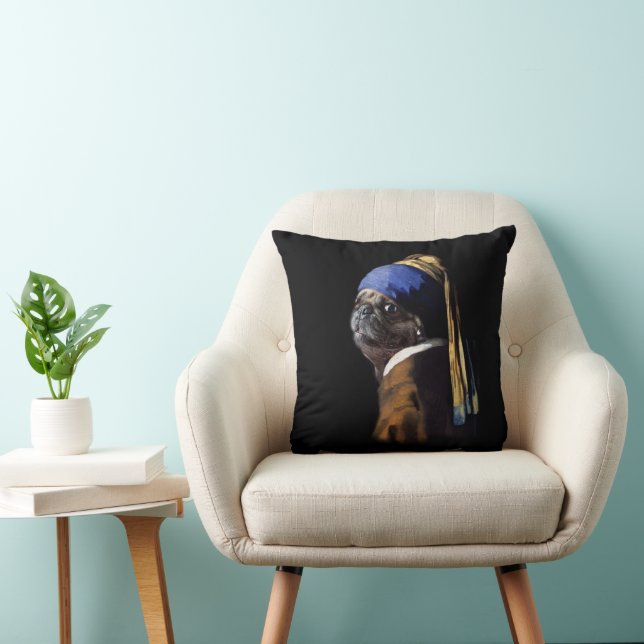 Vermeer Spoof Pug  Dog With A Pearl Earring Accent Cushion (Chair)