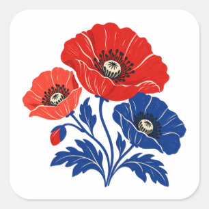Vermilion and Cobalt Poppy Bouquet Square Sticker