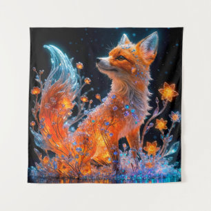 Vermilion Crystal Fox with Bioluminescent Flowers Tapestry