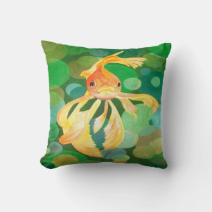 Vermilion Goldfish Swimming In Green Bubbles Cushion
