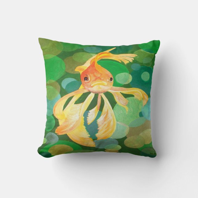 Vermilion Goldfish Swimming In Green Bubbles Cushion (Front)