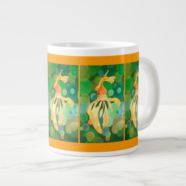 Vermilion Goldfish Swimming In Green Bubbles Large Coffee Mug (Front Right)