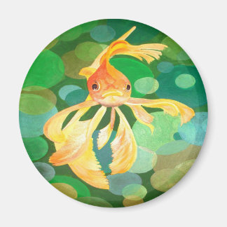 Vermilion Goldfish Swimming In Green Bubbles Magnet