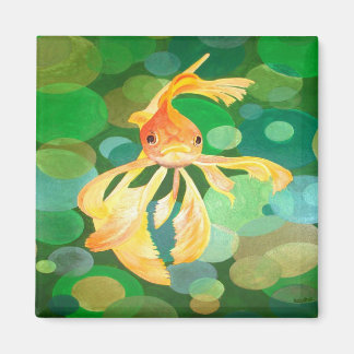 Vermilion Goldfish Swimming In Green Bubbles Magnet