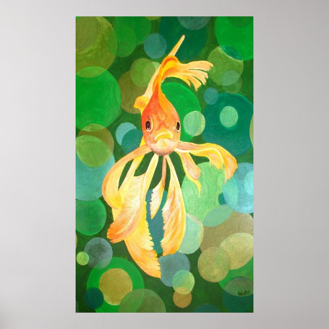 Vermilion Goldfish Swimming In Green Bubbles Poster (Front)