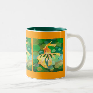 Vermilion Goldfish Swimming In Green Bubbles Two-Tone Coffee Mug