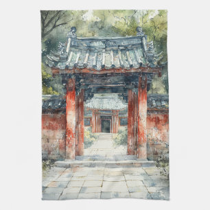 Vermilion Temple Gate Watercolor Ink (2) Tea Towel