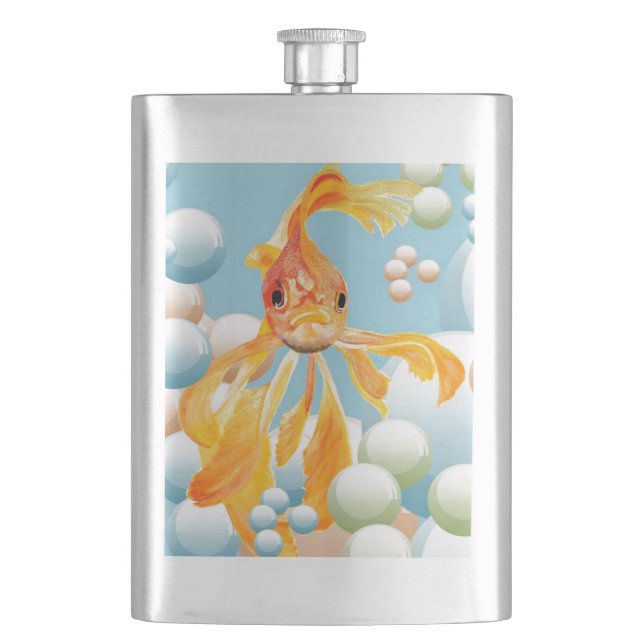 Vermillion Goldfish In Pastel Bubble Water Hip Flask (Front)