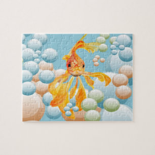 Vermillion Goldfish In Pastel Bubble Water Jigsaw Puzzle