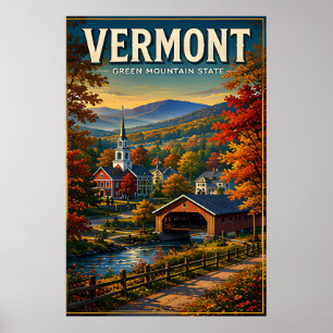 Vermont Autumn Mountains Covered Bridge Charm Poster