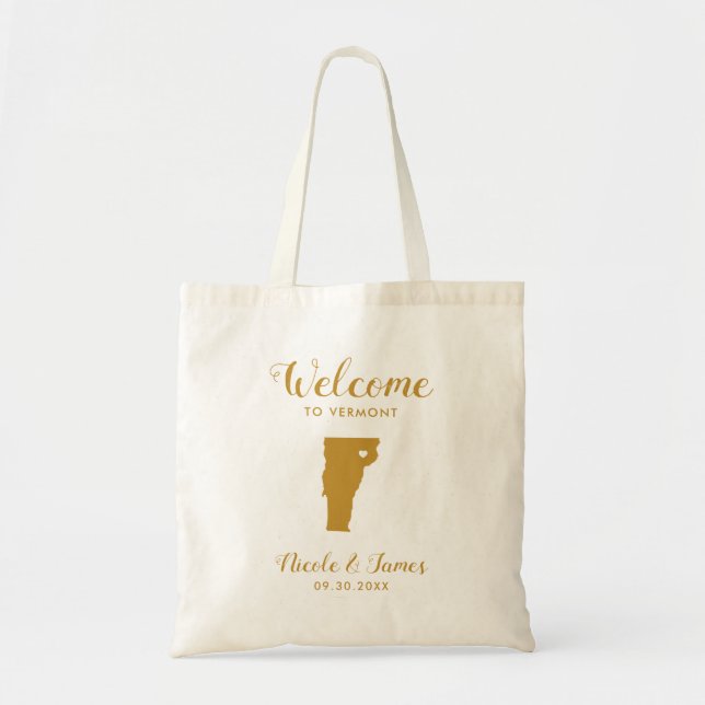Vermont Map Wedding Welcome Bag, Gold Tote Bag (Front)