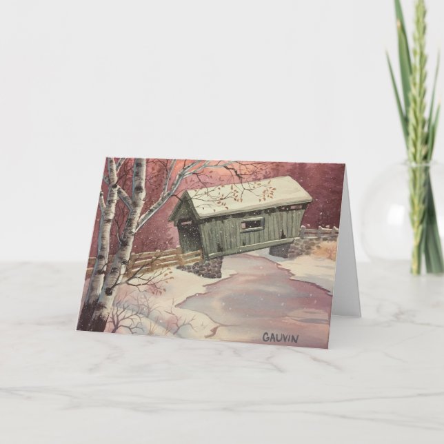 Vermont Snowy Covered Bridge Christmas Card (Front)
