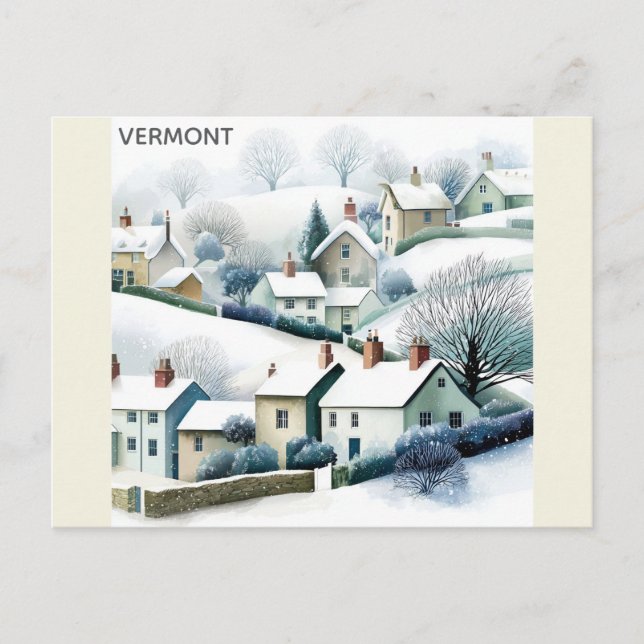 Vermont Snowy Winter Village Travel Illustration Postcard (Front)
