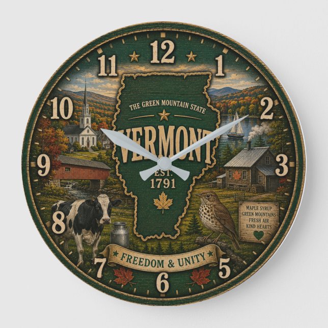 Vermont State Green Mountain Rustic Cabin Farmhous Large Clock (Front)