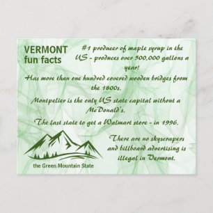 Vermont, the Green Mountain State Fun Facts Postcard
