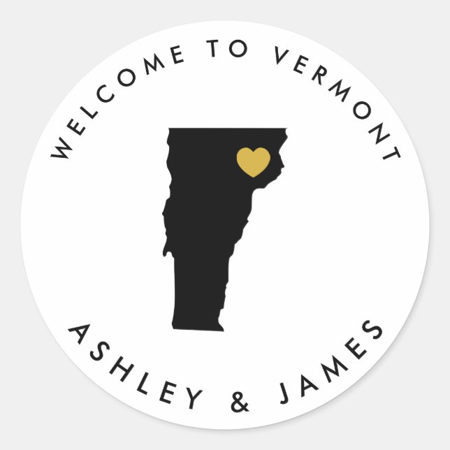 Vermont Wedding Welcome Sticker Tag, Black, Gold (Front)