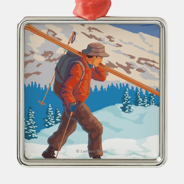 VermontSkier Carrying Skis Metal Tree Decoration (Front)