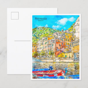 Vernazza Italy vintage travel watercolor Postcard