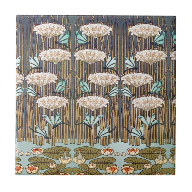 Verneuil Dragonfly Water Lily Art Nouveau: Vintage Tile (Front)
