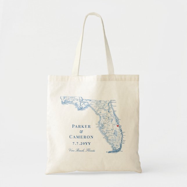 Vero Beach FL Map Elegant Navy Blue Wedding Favour Tote Bag (Front)