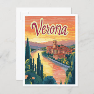 Verona Italy Art Vintage Travel Illustration Postcard