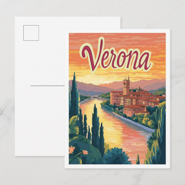 Verona Italy Art Vintage Travel Illustration Postcard (Front/Back)