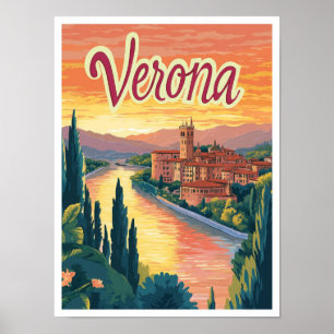 Verona Italy Art Vintage Travel Illustration Poster