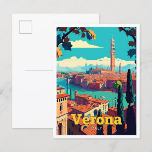 Verona Italy Travel Art Vintage Illustration Postcard