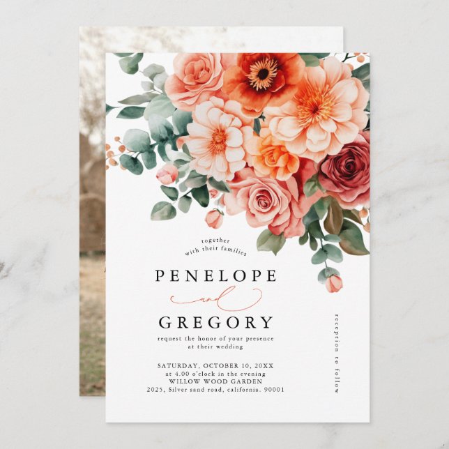 Verona Sunset Bright Orange  Floral Photo Wedding Invitation (Front/Back)