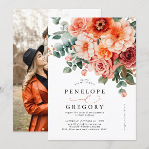 Verona Sunset Bright Orange  Floral Photo Wedding Invitation