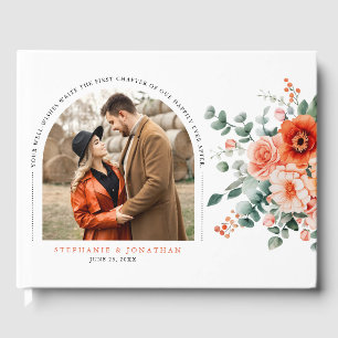 Verona Sunset Bright Orange Modern Floral Photo    Guest Book