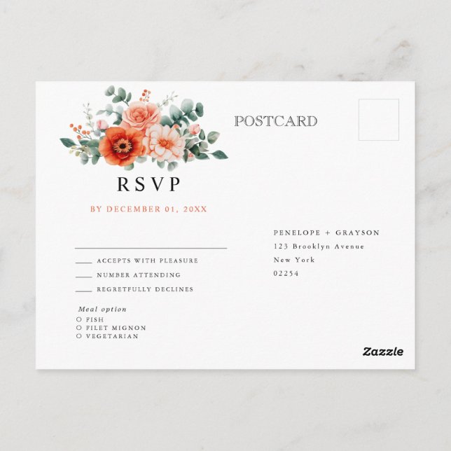 Verona Sunset Bright Orange Modern Floral RSVP Postcard (Back)