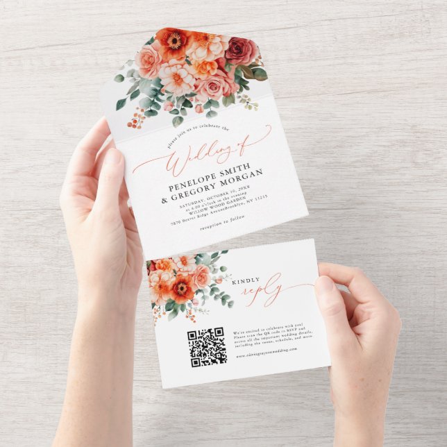 Verona Sunset Bright Orange Modern Floral Wedding All In One Invitation (Tearaway)