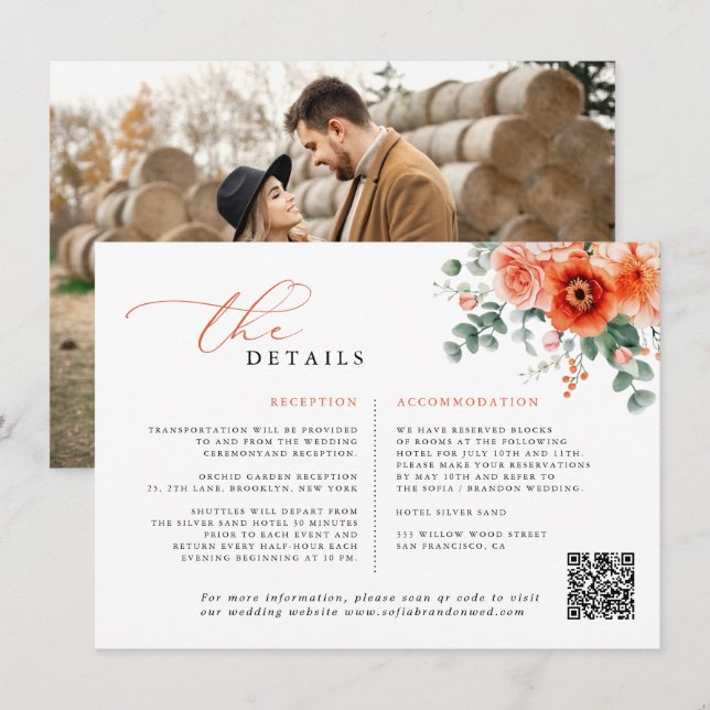 Verona Sunset Bright Orange Modern Floral Wedding Enclosure Card (Front/Back)
