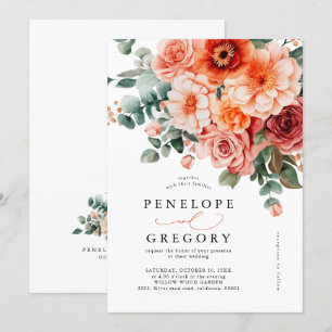 Verona Sunset Bright Orange Modern Floral Wedding Invitation
