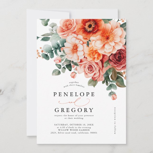 Verona Sunset Bright Orange Modern Floral Wedding Invitation (Front)