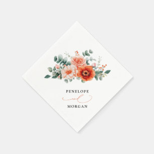Verona Sunset Bright Orange Modern Floral Wedding Napkin