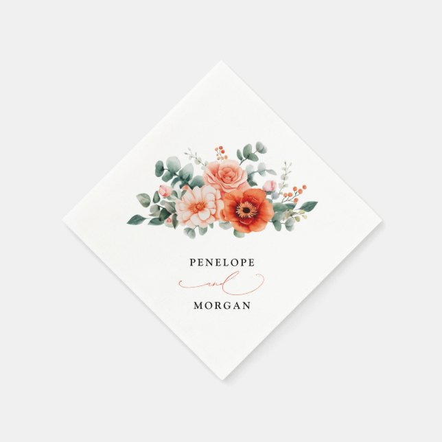 Verona Sunset Bright Orange Modern Floral Wedding Napkin (Corner)