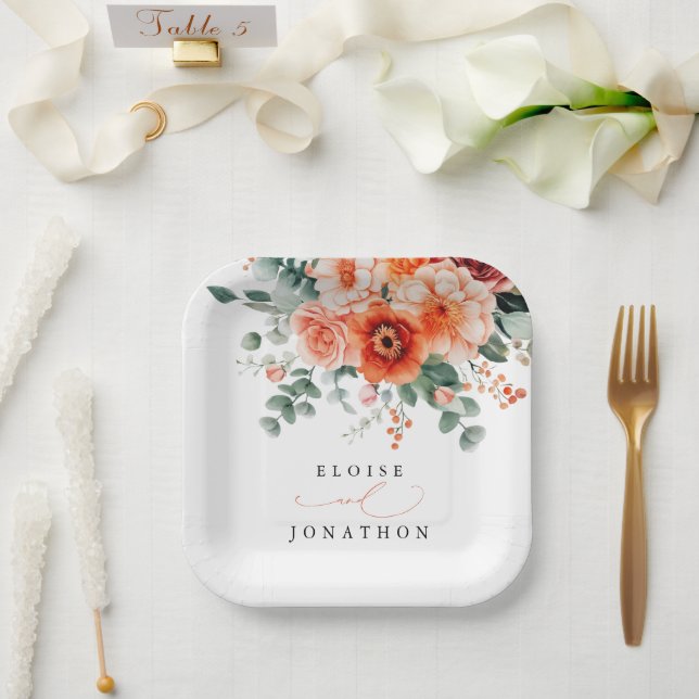 Verona Sunset Bright Orange Modern Floral Wedding Paper Plate (Wedding)
