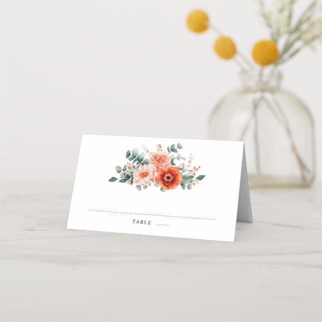 Verona Sunset Bright Orange Modern Floral Wedding Place Card (Front)