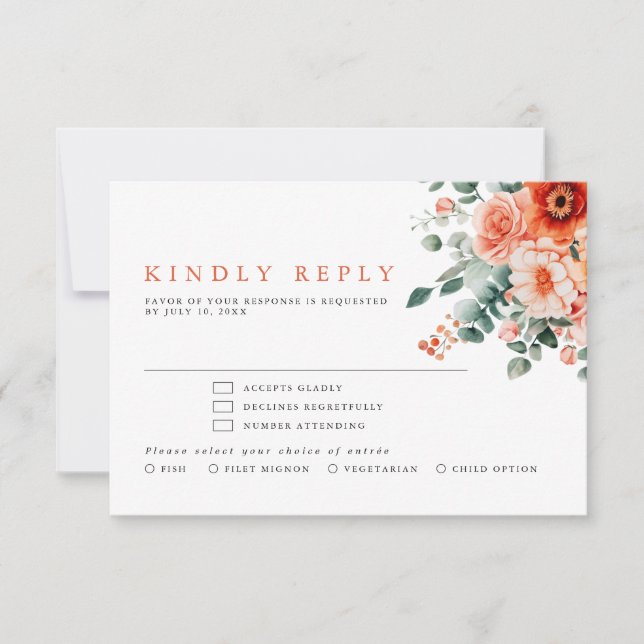 Verona Sunset Bright Orange Modern Floral Wedding RSVP Card (Front)