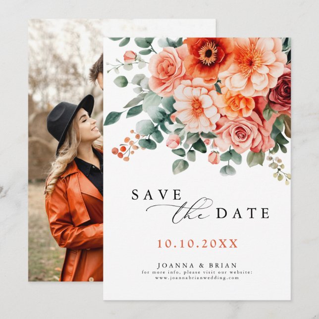 Verona Sunset Bright Orange Modern Floral Wedding Save The Date (Front/Back)