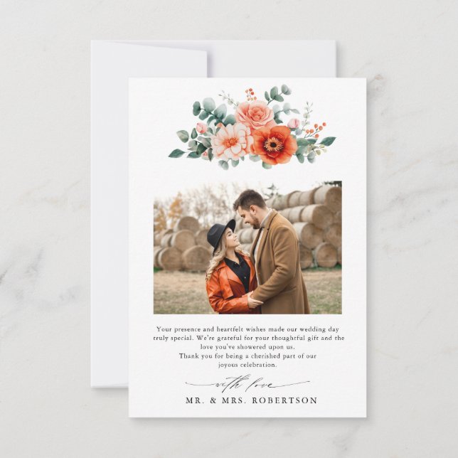 Verona Sunset Bright Orange Modern Floral Wedding Thank You Card (Back)