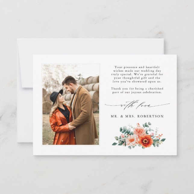 Verona Sunset Bright Orange Modern Floral Wedding Thank You Card (Back)