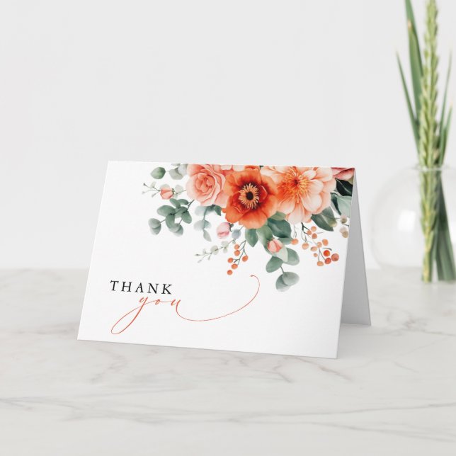 Verona Sunset Bright Orange Modern Floral Wedding Thank You Card (Front)