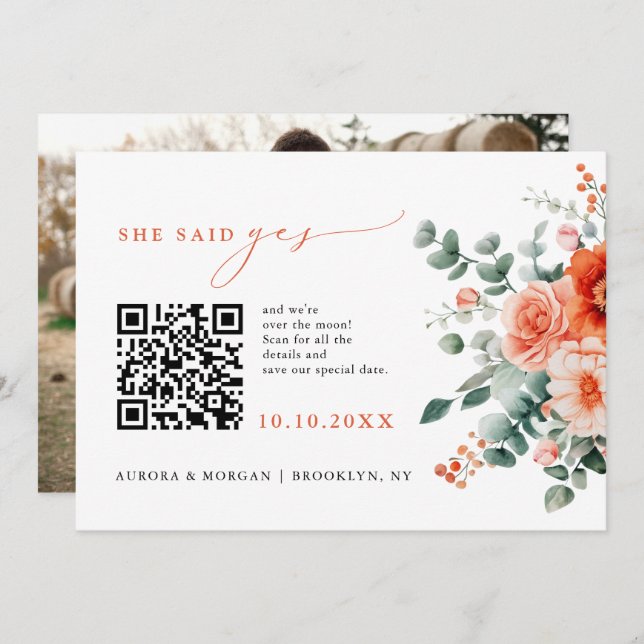 Verona Sunset Bright Orange Modern Photo QR code Save The Date (Front/Back)