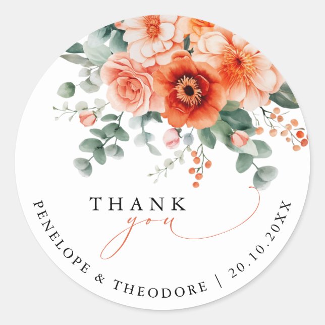 Verona Sunset Bright Orange  Wedding Thank you Classic Round Sticker (Front)
