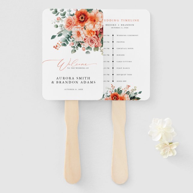 Verona Sunset Bright Orange  wedding Timeline Hand Fan (Front and Back)